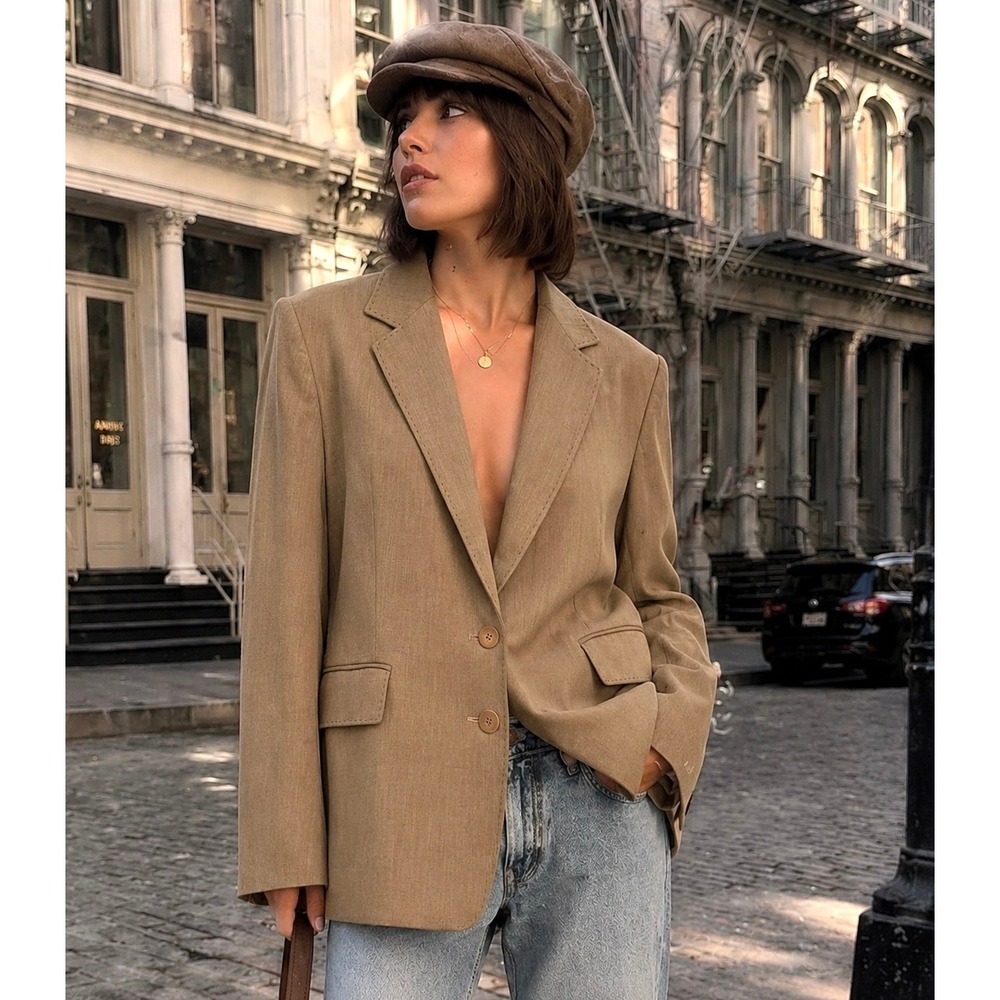 Lafayette 148 Brown Work Blazer 12 Khaki Wool Pick Stitch Jacket Workwear Fall